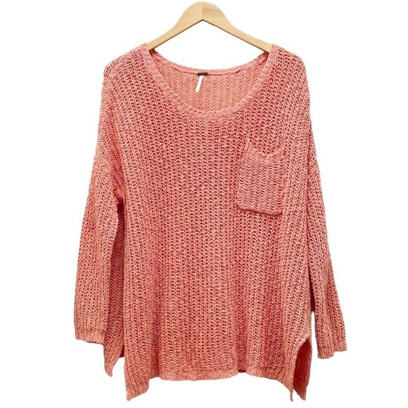 Free People Chunky Sweater Size Medium Greenwich Village Boho Tunic Coral Pink - Picture 2 of 12